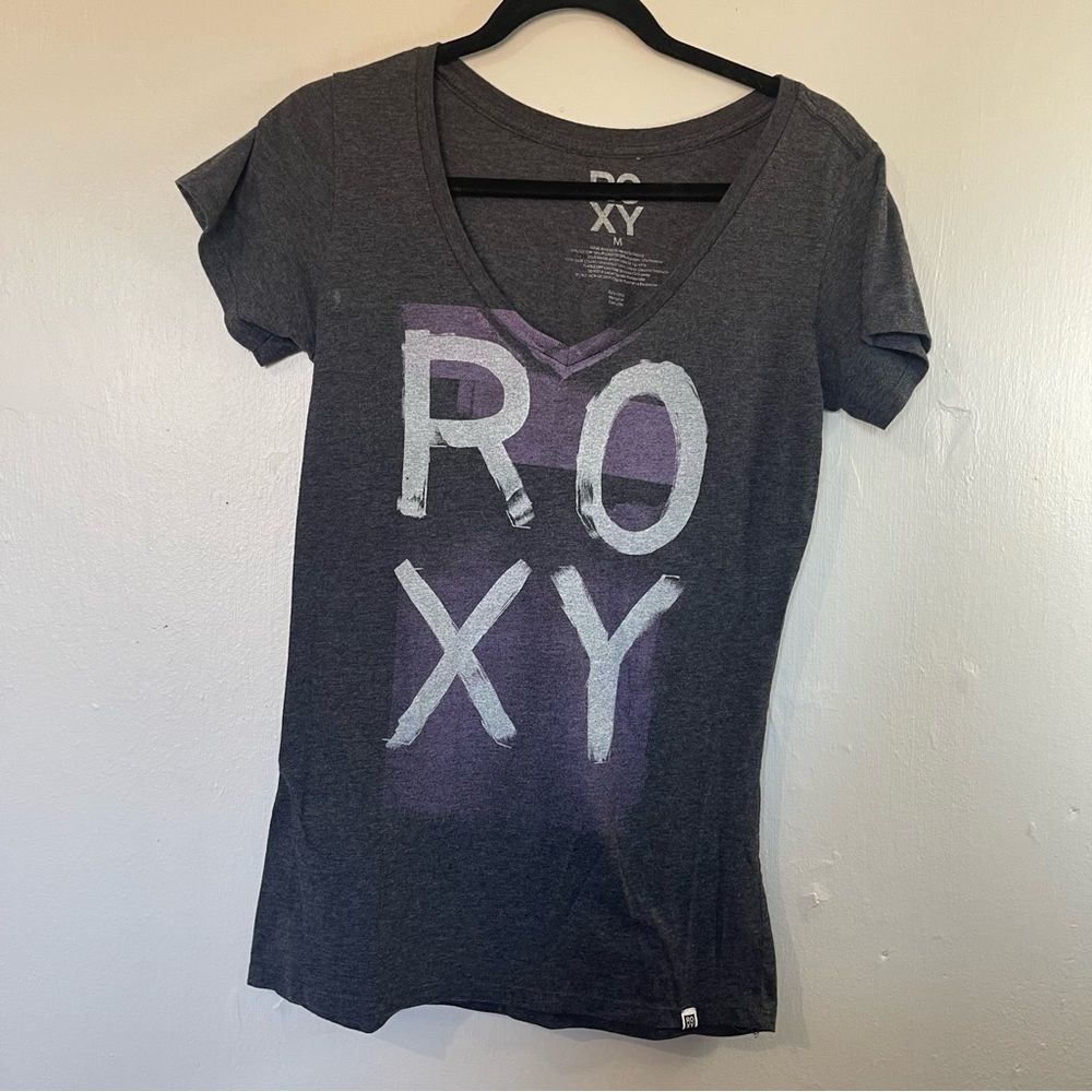 Roxy Gray & Purple V Neck Short Sleeve Tee Shirt